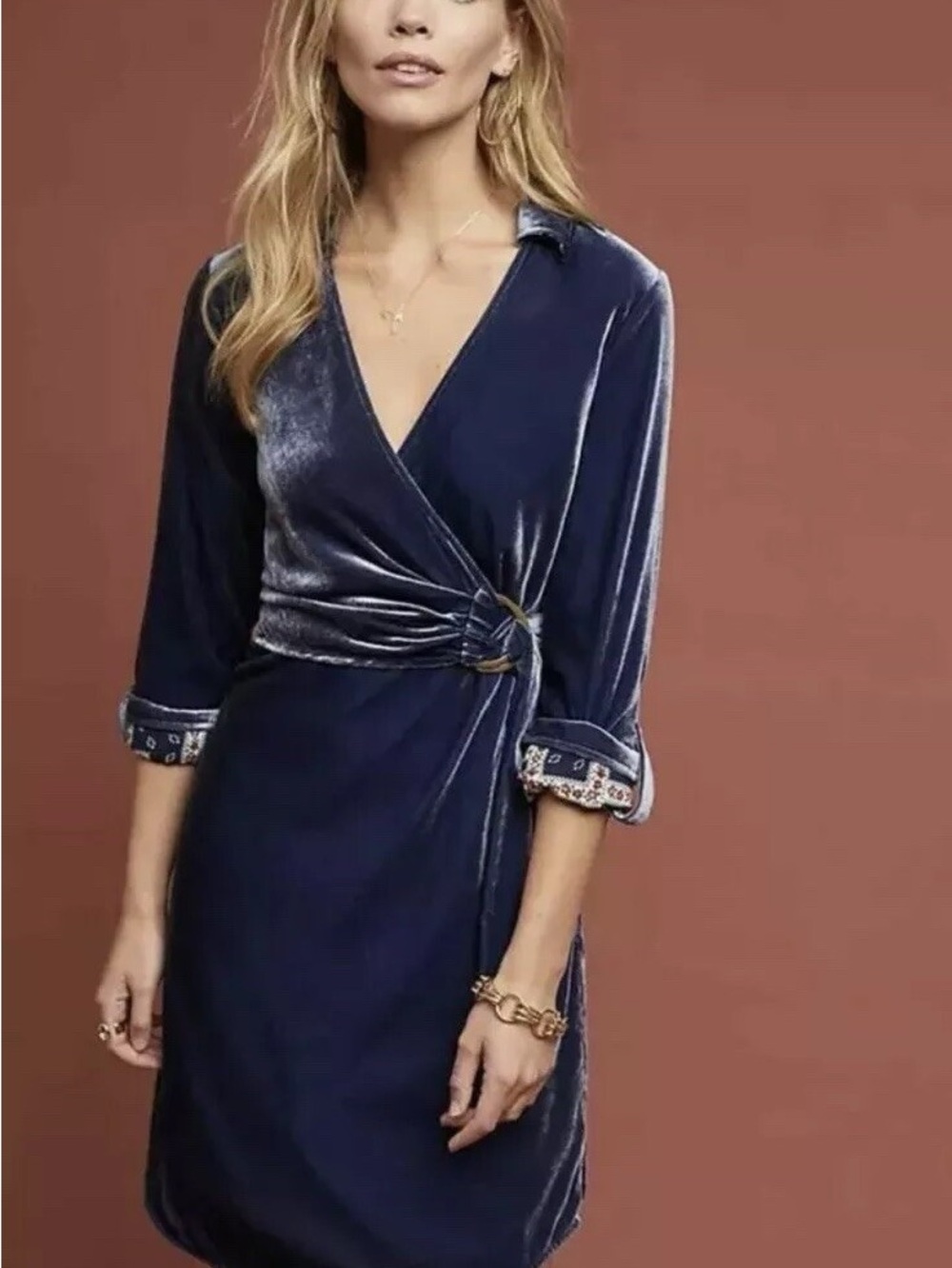 NWT MAUVE By Anthropologie Blue Velvet Shirtdress Dress 
Size 12 P